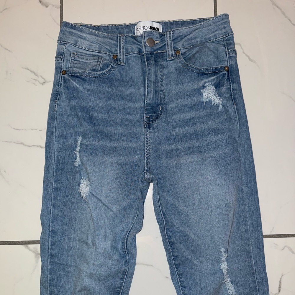 fashion nova light blue distressed high waist skinny jeans